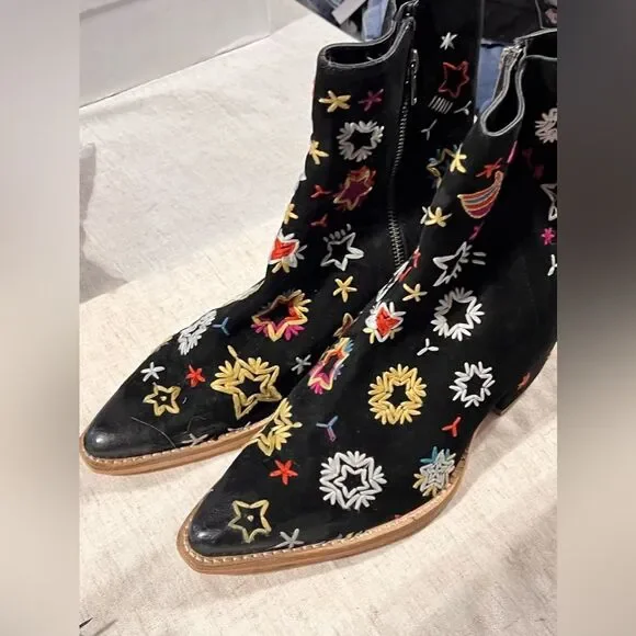 Free People Bowers Embroidered Ankle Boots in Black Celestial Suede - Picture 4 of 7